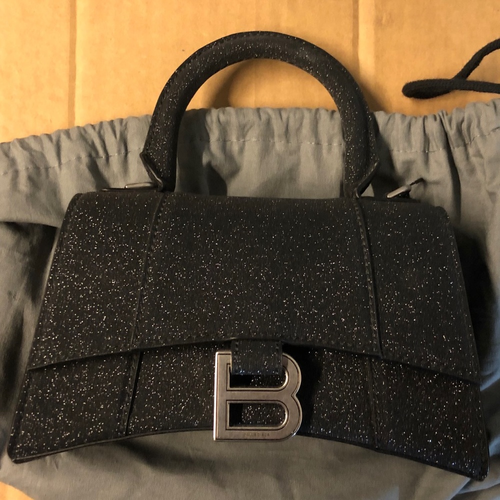 BRAND NEW !!BALENCIAGA Black Glitter Leather XS Hourglass Top Handle Bag